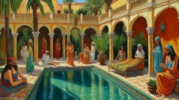 Neoclassicism pool arabic oriental people painting realistic cote d'azur colorfull