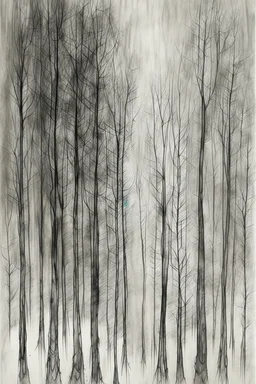 Minimalist rough abstract dusty Charcoal drawing of trees on a textured gesso background.