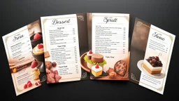 A Dessert Menu which is 17*8 inches Trifold, Detailed Menu List with Images creatively used, It should be a double sided. Make it look like a luxurious brand