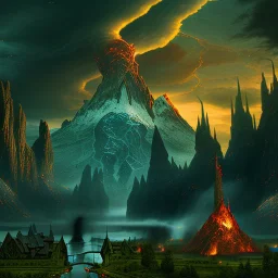 Epic Drawing of mordor scenery with a dragon of The Hobbit estilo Van Gogh 4k