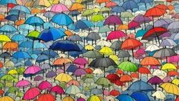 Cloudy sky. It's raining. The sky is fully filled with so many umbrellas of diverse colors.