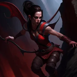 a beautiful tiefling woman with dark hair in a sleeveless battle outfit, flying over a dark chasm, photo quality, dark red colors