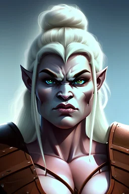 Portrait of a half-orc, female warrior from the mountains. Intensely muscular and plus-sized. Wears regal armour that hails from the tundra. She is 40. Ice-blue eyes, sharp facial features, angry expression. Beautiful. Intimidating. Tall. High of skin if orange.