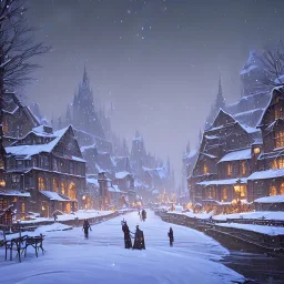 At Christmas magical snowy warlock gothic town with river canals