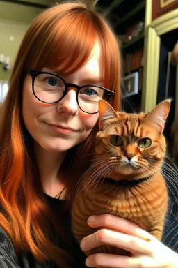 girl with ginger hair in a fringe with glasses and a septum piercing holding a tabby cat with wonky eyes