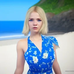 Beautiful sunny face woman blue eyes long blond hair in a blue flower dress on a beach, unreal engine, 4k