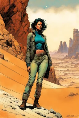 create a fine art print full body illustration of a rugged gritty, roughly textured Fremen female sayyadina with highly detailed feminine facial features, traversing a a rocky outcrop amidst the desert sands of Arrakis, dusty, gritty, in the comic book art style of Bill Sienkiewicz, and Jean Giraud Moebius, finely textured, drawn, colored, and inked,