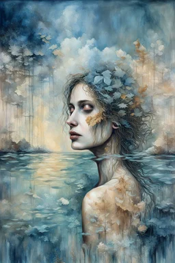 surrealistic painting depicts a woman submerged in water, with only her face visible above the surface. Her hair is dark brown with blonde highlights, and her eyes are a warm brown. Below the waterline, her torso is replaced by a skeletal ribcage entwined with translucent, organic root-like structures and dried leaves, revealing the internal decay beneath the skin. The upper part of the painting features a dilapidated, light-colored building with multiple levels and a dome, seemingly floating on