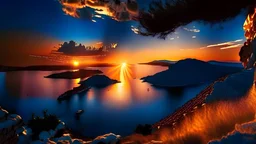 A most beautiful sunset in a greek islands scenery,blue sky,high resolution photo 12K, high quality, ultraHD,, cinematic lighting, close to the surface