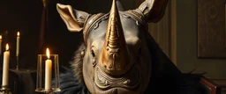 close up portrait painted by Rembrandt, stupid looking furry dragon lich rhino at banquet
