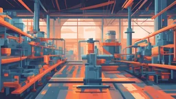 Vector. 2D animated. Digital painting, inside Spinning and weaving factory. Minimal.