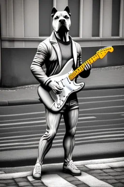 One single mature light Staffordshire terrier, friendly, playing guitar in the street , Berlin, opera, sunny day, model style, hyper realistic, extremely accurate, delicate, extremely detailed, Graphic novel style, wide-angle, open aperture, superfine pencil