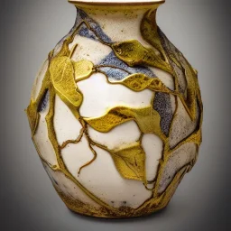 photo of a small cracked ceramic vase repaired with gold, kintsugi, garden setting, beautiful landscape photography, beautiful, vines and leaves, delicate, cinematic, high detail, beautiful composition, delicate arrangement, aesthetic, soft lighting, award winning photography, tender