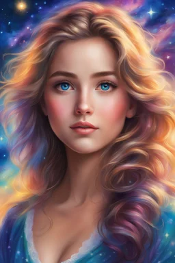Masterpiece, best quality, oil pastel style, oil pastel painting, beautiful lovely eyes, cute, pretty face, front view, painted by Thomas Kinkade, very detailed, high quality, 4k. Cute girl looks at the stars glowing, bright light hair, beautiful lovely eyes, beautiful night sky and glowing, she has enough strong imagination, fantasy and colorful world, vibrant colors.