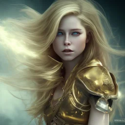 perfect face avril lavigne, golden eyes,dress armor athena, golden, particle fog, cloud, smoke