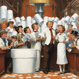 [art by Norman Rockwell] the longest toilet paper in the world, in Charlie's chocolate factory