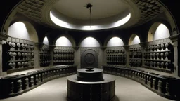 Front view of a circular room filled with niches. The circular area on the right, past the corner, is filled with niches cut into the wall at the top. On the far left in front, there is another black niche that is open. It is supported by several niches that are wide and round. The one on the right has the middle door closed. It has small niches along the side where things can be seen. Only the bottom part of the wall has a shadow underneath it on the right side.