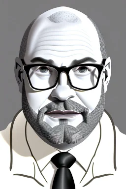 black and white,real estate agent,bald male with grey beard,55 years old,glasses,, necktie,portly,detailed drawing,white background