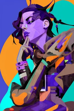 whimsical arafed nonsense stylized abstract portrait of a man with dark bob hair, seated with arms crossed, (((oversize head))), in vibrant patchwork purple dress and orange accents around wrists, background is blend of bold beige and drab patchwork vibe, cyan tints, rainy whimsical afternoon, sharp color contrasts, amazing shadows, minimal cozy, color leak, heavily distorted views, amazing parallels