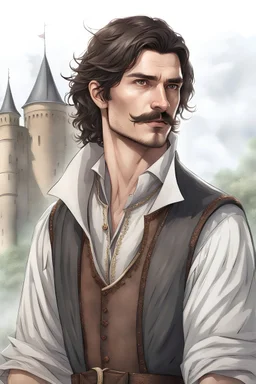 A tall dark haired man in his late 20s with brown hair and a pencil mustache, hazel eyes wearing a vest, cape and trousers. medieval fantasy, 16k HDR, ultra realistic,
