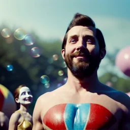 Ultra realistic circus scene. Naked stronger man, waist up view, Wes Anderson style, happy, bubbles, highly detailed, concept art, unreal engine 5, god rays, ray tracing, RTX, lumen lighting, ultra detail, volumetric lighting, 3d, finely drawn, high definition, high resolution.