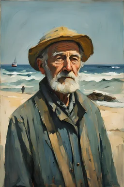 Euan Uglow-Ludwig Bemelmans oil painting, Otherworldly, Portrait of an old fisherman at sea, using natural light to highlight weathered textures, Cinematic lighting, Volumetric lighting, Epic composition, Photorealism, Very high detail, Bokeh blur, Sony Alpha α7, ISO1900, Character design, Unreal Engine, Octane render, HDR, Subsurface scattering