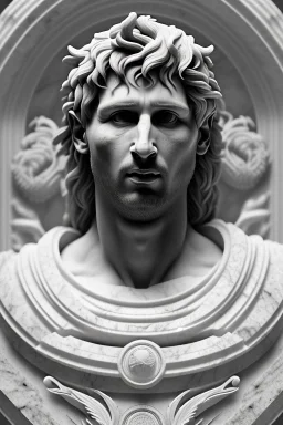 Ultra Realistic image, Roman sculpture, white marble material, Lionel Messi, sun radial crown, chisel style, waist up portrait, epic, celestial, cinematic lighting, God light, god rays, 4k resolution, smooth details, ornate details, soft lighting, unreal engine 5, marble background.