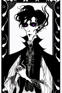 gothic creepy handsome black haired warlock with gothic jewelry and tentacle hands in the style of aubrey beardsley