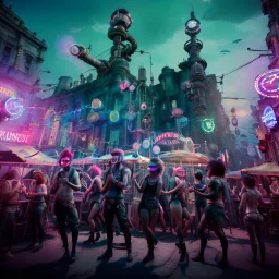 Ultra Realistic photo, medium shot view, drunken women, carnival scene, futuristic steampunk. hair monster, Sunglasses, smoking, happy, hot. Cabaret background, highly detailed, concept art, unreal engine 5, ray tracing, RTX, lumen lighting, ultra detail, volumetric lighting, 3d, finely drawn, high definition, high resolution.