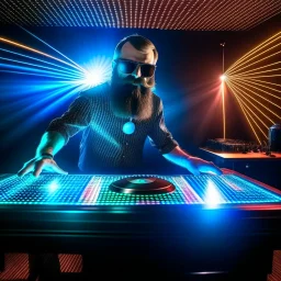 Dance hall ,dj play ,laser lights, l, beard DJ play music with DJ desk, disco ball