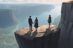 Only one guy and a girl are standing on the edge of a cliff and holding hands