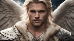 Photoreal close-up of huge winged handsome muscular godlike blond Aasimar druid with angelic features in warm padded druid tunic as Chris Pine floating in space, forgotten realms fantasy style by lee jeffries, otherworldly creature, in the style of fantasy movies, shot on Hasselblad h6d-400c, zeiss prime lens, bokeh like f/0.8, tilt-shift lens, 8k, high detail, smooth render, unreal engine 5, cinema 4d, HDR, dust effect, vivid colors