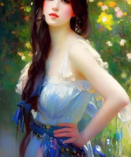 realist impressionist portrait of "The Curious Female" by Ross Tran rework. Masterpiece, best quality, painted impressionist brush strokes. paint drips and drabs and splatters by and by art nouveau and richard schmid . Paint spatters, drips, drabs, dynamic, artstation, artgerm