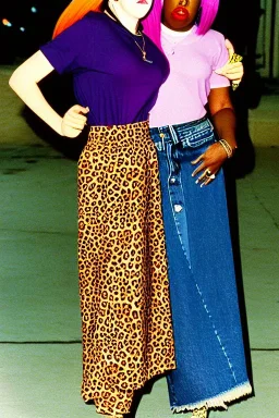 year 1996 denim fashion. Loose skirt, low waist. Colors: denim blue, blue, purple, cream, khaki, light green, lilac, plum, orange, terracotta, red, light yellow, pink, dark blue, beige. Cheetah pattern. Gwen Stephani, Missy Elliot, Shirley Manson.