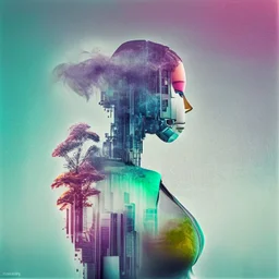 smoke, smog, city scape with pollution, double exposure photography, colourful nature, clean sharp focus, on white background