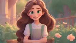 Cartoon style, pixar style, woman with medium length brown hair and green eyes looking peaceful and cheerful , in the style of soft dreamy pastel palette, pastel - colored scenes, tangled movie style