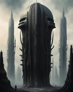 alien skyscraper. concept art in the style of giger, beksinski, fifties art deco appliances.