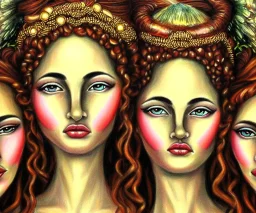 Realistic detailed face portrait of The goddess of beauty, goddess of spell and goddess of joy. "The Three Graces"