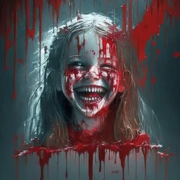 girl smiling, creepy, dripping blood, shattered glass,