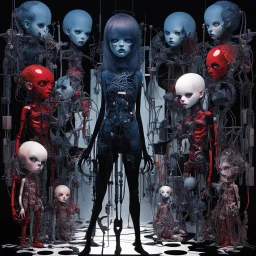 Doll parts assembly line, Nightmarish Surreal Mixed-Media Art by Paul Rumsey and Chris Bachalo and wotto, Double-Exposure, Shadows and Highlights, Tenebrism!, Volumetric lighting, dark colors, minimal, Unsettling Disturbing!, crimson and midnight_blue color scheme