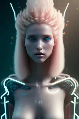 cyberpunk, head, women, portrai, tron sketch of a girl on lined paperA beautiful one nude body of a make up smiling woman blond long hair, alone, high key lighting, volumetric light high details with white stripes and blue eye, smiling with plump pink lips, flowers around, unreal engine petit prince belle fine, profil de trois quart, grand front cosmique, peau bleu cristalline, yeux bleu, perle sur le front long cheveux blond et rose etoilé, cristaux sur le corps, collier de grande princesse, l