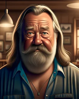 photorealistic, lifelife, elderly short and chubby insane kentucky hill bill farmer, trailer trash style. with long hair and beard and extreme big ears