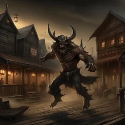 demon attacking wild west town grimdark realistic