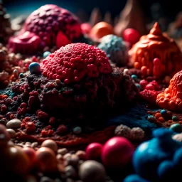 Close-up photograph of detailed creepy landscape made of cake-frosting, crystallizations, figure, animals, fungi, crystals, mineral concretions, sun, Amano, Roger Dean, strong texture, intricate, colours, Max Ernst, rich moody colors, bokeh, 33mm photography