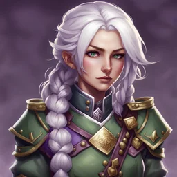 dnd, female human, white hair, green military uniform, purple eyes, bard, stern, braid, harmony crest