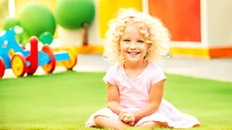 A cute little girl, curly blonde hair, the look on her smiling face.