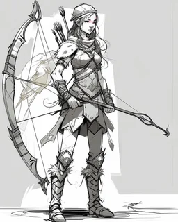 Girl Archer concept art, full body, sketch, coll style, bow