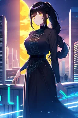 girl, masterpiece, best quality, cinematic lighting, detailed outfit, perfect eyes, black hair, golden eyes, long hair, ponytail, braided ponytail, girl standing in a modern cityscape at night with a bright yellow moon in the background, detailed cityscape illustration, neon lights, vibrant colors, dramatic lighting,