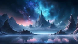 4k landscape realistic Fantasy, Palace , Background: An otherworldly ocean, bathed in the cold glow of distant stars. The landscape is desolate and dark, with jagged mountain peaks rising from the frozen ground. The sky is filled with swirling nebulas and constellations, adding an air of mystery and intrigue with a small winter palace nestled in the valley of the mountains asthe peaks tower over it. There is gentle snowfall and ample stars above.