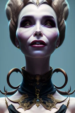 Constance Langdon as evil queen in black leather, leather, busty, cleavage, angry, stern look. character design by cory loftis, fenghua zhong, ryohei hase, ismail inceoglu and ruan jia. unreal engine 5, artistic lighting, highly detailed, photorealistic, fantasy